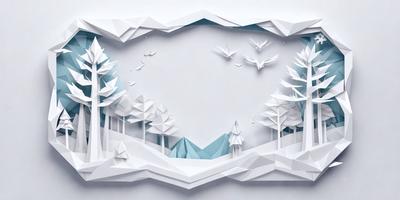 The primary subject of the image is a snowy landscape featuring a mountain and a forest. The setting is a winter scene with trees and birds flying in the sky. The visual style is a combination of digital art and illustration, creating a realistic and detailed representation of the snowy environment. The colors and mood of the image are predominantly white and cold, reflecting the wintry atmosphere.